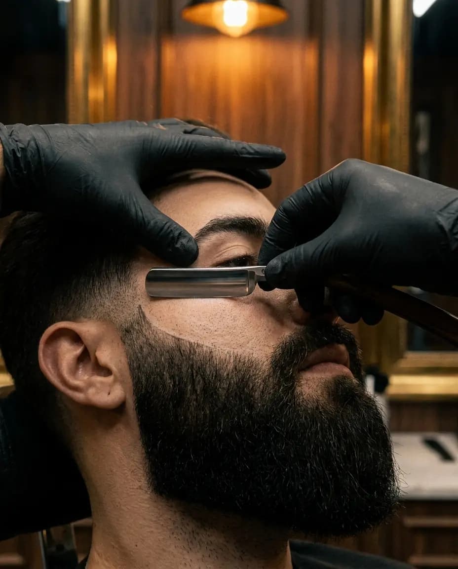 Perfilado de barba con navaja vintage durante un servicio combinado