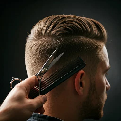 Close-up of a precise haircut being performed with vintage scissors and a comb in a dimly lit shop