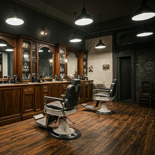 Cinematic wide shot of a luxury vintage barbershop interior with leather chairs, dark wood cabinetry, and warm dramatic lighting